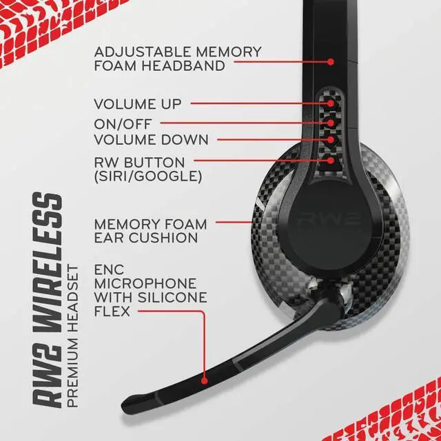 Alt view image 5 of 7 - RW2 Bluetooth Trucker Headset 40mm Driver ENC Mic | Battery Indicator, 30+ Hour Battery Life, 100ft Wireless Range, IP54 Rated, Noise Cancelling Microphone, Over-Ear Fit