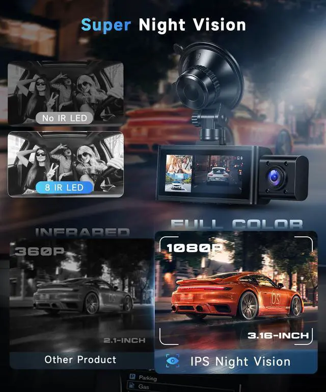Alt view image 5 of 7 - 3 Channel Triple Dash Cam, 2.5K Front + 1080P Cabin Rear Car Camera Recorder, 3.16 Inch Screen with WiFi GPS, Low-Light Night Vision, G-Sensor, 24/7 Time-Lapse Parking Loop Recording