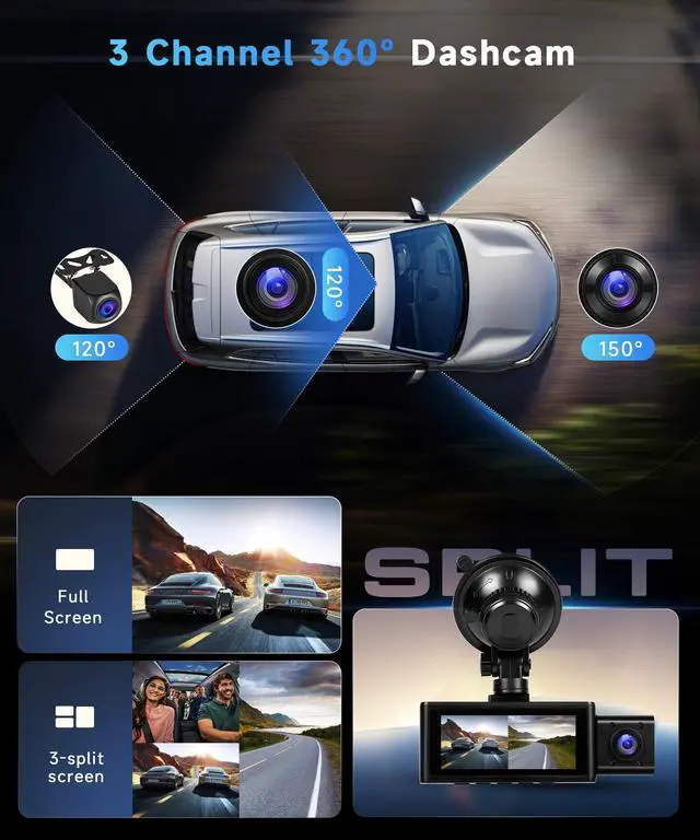 Alt view image 3 of 7 - 3 Channel Triple Dash Cam, 2.5K Front + 1080P Cabin Rear Car Camera Recorder, 3.16 Inch Screen with WiFi GPS, Low-Light Night Vision, G-Sensor, 24/7 Time-Lapse Parking Loop Recording