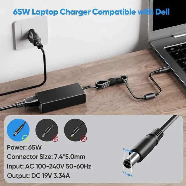 Alt view image 2 of 7 - 65W Charger Power Supply Adapter for Dell Chromebook 11 3180 3189 3120 3181 P22T P26T LA65NS2-01 PA-12 HA65NM130 06TM1C 09RN2C 6TM1C Y1H45 1XRN1 PA-1900-02D CB1C13 DA65NM111-00 928G4