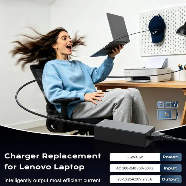Alt view image 3 of 7 - 65W Laptop Charger for Lenovo IdeaPad Yoga Flex 4.0x1.7mm Tip Cord | Compatible with Lenovo IdeaPad 1/1i/3/3i/5/5i, 110/110S/310/320/330/330S/510/520/530S/710S; 20V 3.25A with Power Cord(Oblong)
