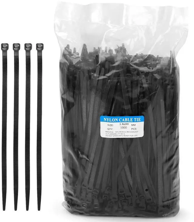 Main image of Zcpotizi 8 Inch Heavy Duty Black Zip Ties 75 lbs bulk 0.23" width, 1000 Pack Cable Ties UV Resistant Industrial Self Locking 8" widthZipties Bulk Nylon Wire Tie Wraps Workshop Camping Outdoor Use