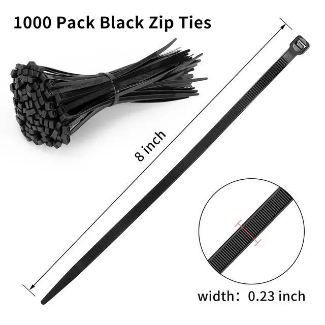 Alt view image 2 of 7 - Zcpotizi 8 Inch Heavy Duty Black Zip Ties 75 lbs bulk 0.23" width, 1000 Pack Cable Ties UV Resistant Industrial Self Locking 8" widthZipties Bulk Nylon Wire Tie Wraps Workshop Camping Outdoor Use