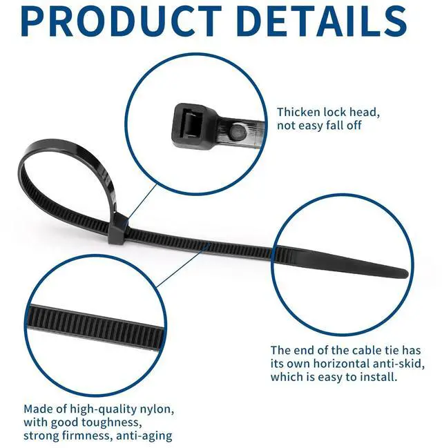 Alt view image 5 of 7 - Zcpotizi 8 Inch Heavy Duty Black Zip Ties 75 lbs bulk 0.23" width, 1000 Pack Cable Ties UV Resistant Industrial Self Locking 8" widthZipties Bulk Nylon Wire Tie Wraps Workshop Camping Outdoor Use