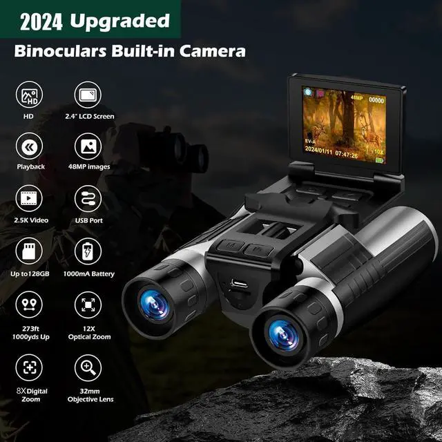 Alt view image 3 of 6 - Digital Camera Binoculars 12x32 HD 2.4 Inch 8X Zoom 2.5K Video 48MP Photo | 2.4 Inch LCD Display 48MP photo, 2.5K video recording, 32GB memory card, great for bird watching, concerts