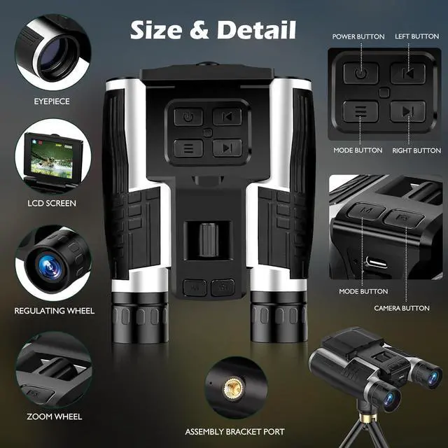 Alt view image 4 of 6 - Digital Camera Binoculars 12x32 HD 2.4 Inch 8X Zoom 2.5K Video 48MP Photo | 2.4 Inch LCD Display 48MP photo, 2.5K video recording, 32GB memory card, great for bird watching, concerts