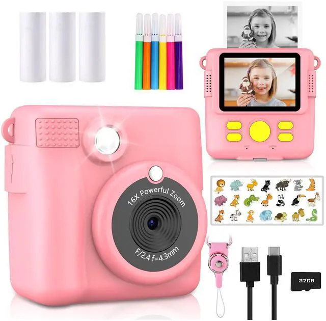 Main image of Instant Print Camera for Kids,Christmas Birthday Gifts for Age 3-12 Girls Boys1080P HD Digital Video Cameras for Toddler,Kids Portable Toy with 3 Rolls Photo Paper32GB Card-Pink