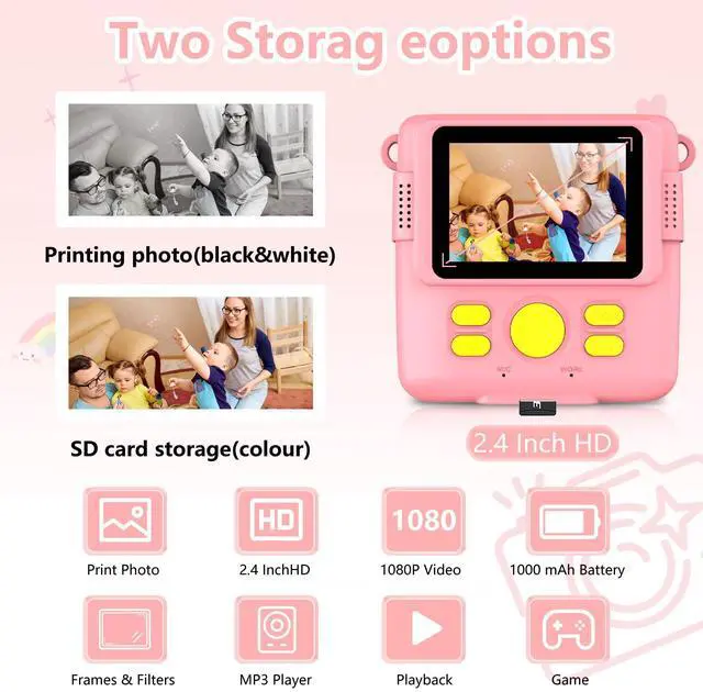 Alt view image 2 of 6 - Instant Print Camera for Kids,Christmas Birthday Gifts for Age 3-12 Girls Boys1080P HD Digital Video Cameras for Toddler,Kids Portable Toy with 3 Rolls Photo Paper32GB Card-Pink