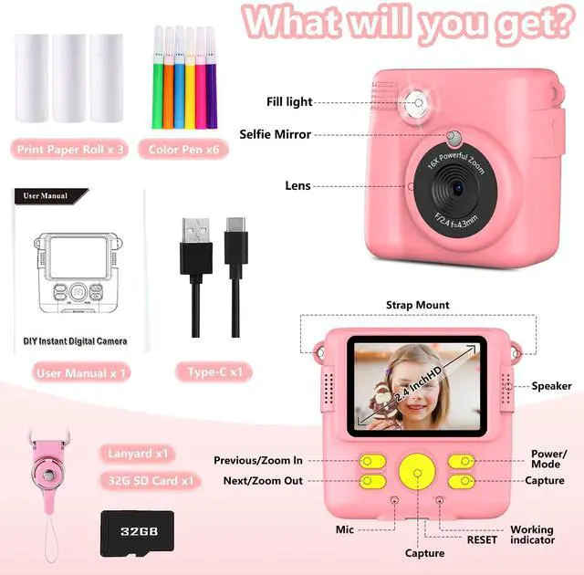 Alt view image 6 of 6 - Instant Print Camera for Kids,Christmas Birthday Gifts for Age 3-12 Girls Boys1080P HD Digital Video Cameras for Toddler,Kids Portable Toy with 3 Rolls Photo Paper32GB Card-Pink