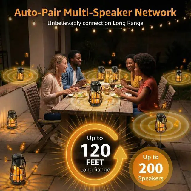 Alt view image 3 of 7 - Outdoor Bluetooth Speaker with Flame Lights, Multi-Sync 200 Lantern Speakers Auto-Pairing HD Stereo, IPX6 Waterproof, Portable Wireless Speaker for Patio Party Gifts for Men & Women (2 PCS)