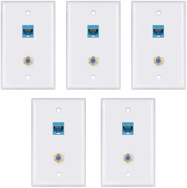 Main image of Ethernet Wall Plate,Cat6 Gold-Plated Cable TV Coax F Type Port Wallplate White (5Pack) | Cable TV Internet Faceplate