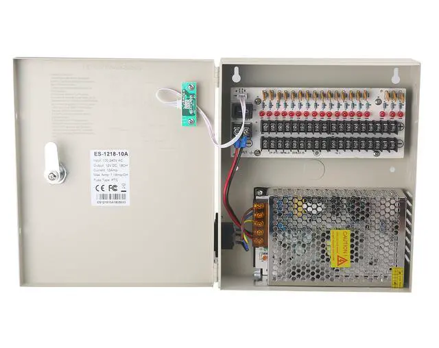 Main image of 18 Channel DC12V 20 Amp Reset Fuse CCTV DC Distributed Power Box with AC Plug and Lock for Security Cameras, DVRs, CCTV Power Supply