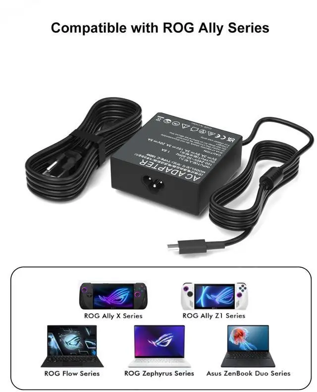 Alt view image 2 of 7 - 100W USB C AC Adapter Charger Compatible with Asus ROG Ally X Z1 Dock ROG Flow X13 Z13GV301 GV302 GZ301, Zenbook, Zephyrus, ROG Strix, Vivobook Charger Type C Power Cord
