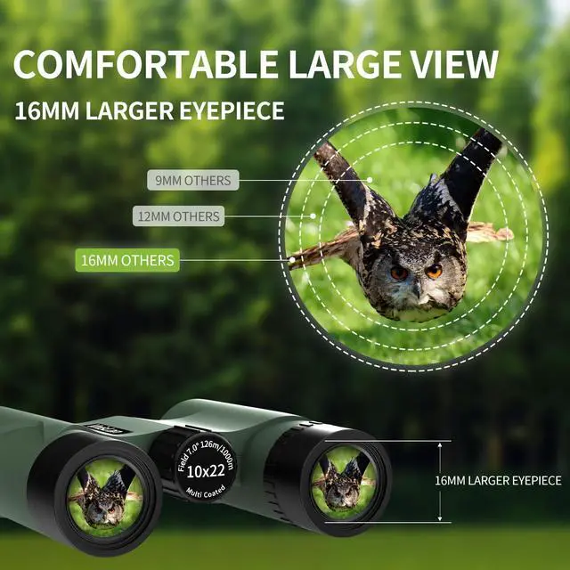 Alt view image 4 of 7 - 10x22 Compact Binoculars for Adults and Kids, Lightweight Pocket Binocular with 10mm Large Eyepiece & BAK4 Prism, Low Light Vision for Bird Watching, Travel, Hunting