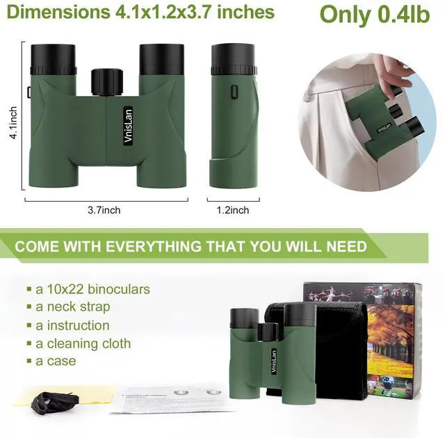 Alt view image 5 of 7 - 10x22 Compact Binoculars for Adults and Kids, Lightweight Pocket Binocular with 10mm Large Eyepiece & BAK4 Prism, Low Light Vision for Bird Watching, Travel, Hunting