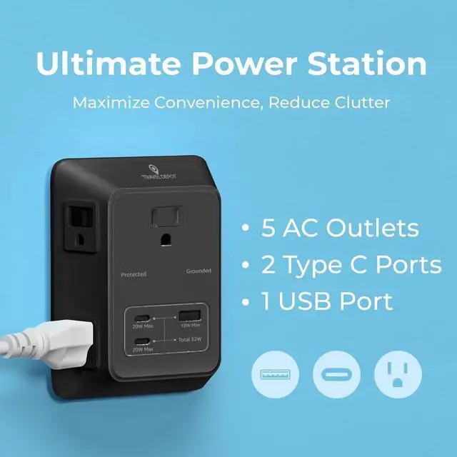 Alt view image 2 of 7 - PD USB Wall Charger Surge Protector, 5 Outlet, (Black) | Extender 2 USB C & 1 USBA Charging Ports, Fast Charge 3 Sided Power Strip Multi Plug Outlets Wall Adapter for Home Office