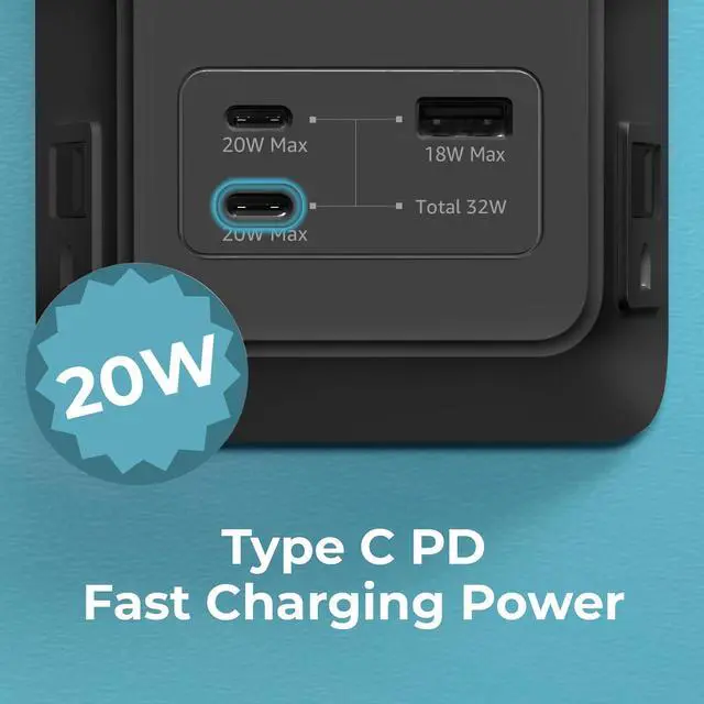 Alt view image 5 of 7 - PD USB Wall Charger Surge Protector, 5 Outlet, (Black) | Extender 2 USB C & 1 USBA Charging Ports, Fast Charge 3 Sided Power Strip Multi Plug Outlets Wall Adapter for Home Office