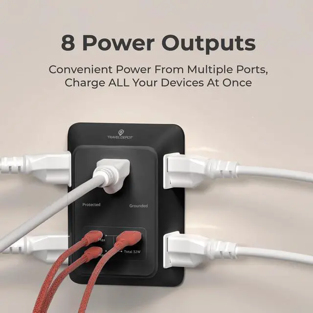 Alt view image 6 of 7 - PD USB Wall Charger Surge Protector, 5 Outlet, (Black) | Extender 2 USB C & 1 USBA Charging Ports, Fast Charge 3 Sided Power Strip Multi Plug Outlets Wall Adapter for Home Office
