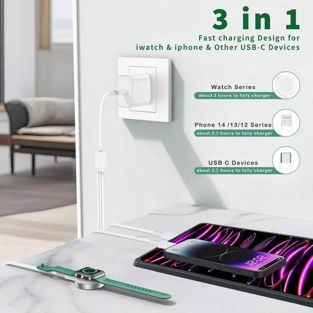 Alt view image 2 of 7 - iWatch Charger for Apple Watch Charger Fast Charging, 6FT Multi Charging Cable with iPhone Charger USB C Block, 3-in-1 Travel Charger Cord for i-Watch Ultra 3/SE/11/10/9/8/7/6,iPhone 17/16/15/14/13/12