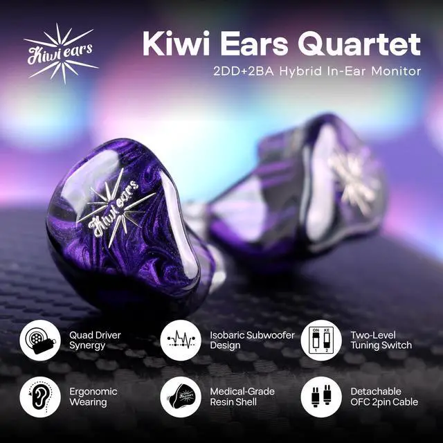 Alt view image 2 of 7 - Kiwi Ears Quartet 2DD+2BA Hybrid In-Ear Monitor, HiFi Earphones with Hand-crafted Resin Shell, Detachable OFC Silver-plated IEM Cable for Audiophile Musician DJ Studio Gaming (Purple, Quartet)