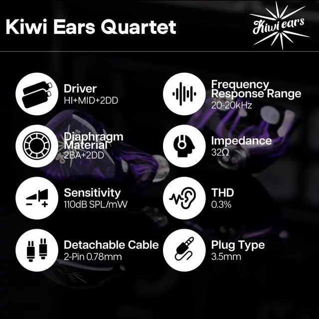 Alt view image 7 of 7 - Kiwi Ears Quartet 2DD+2BA Hybrid In-Ear Monitor, HiFi Earphones with Hand-crafted Resin Shell, Detachable OFC Silver-plated IEM Cable for Audiophile Musician DJ Studio Gaming (Purple, Quartet)