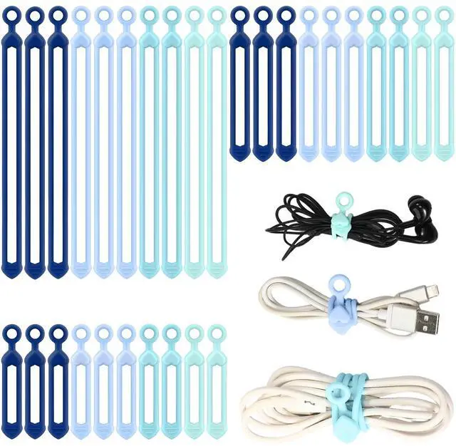 Main image of 48 Pcs Silicone Cable Ties Reusable small cord wrap ties silicone Cable Organizer Elastic Zip Straps Adjustable Electronic Organizer for school teacher Office Desk gift(Gradient Blue,3 Sizes)