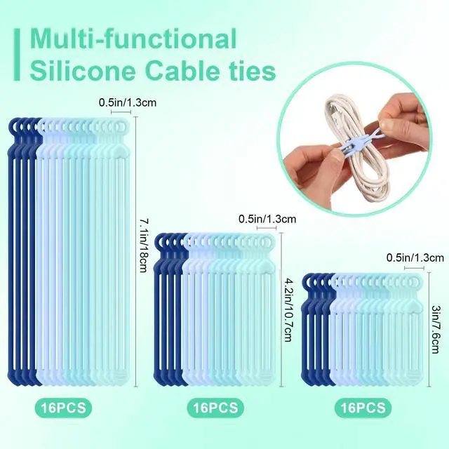 Alt view image 2 of 7 - 48 Pcs Silicone Cable Ties Reusable small cord wrap ties silicone Cable Organizer Elastic Zip Straps Adjustable Electronic Organizer for school teacher Office Desk gift(Gradient Blue,3 Sizes)