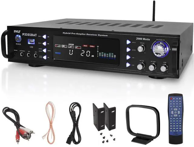 Main image of Bluetooth Stereo Amplifier - Rack Mount, Multi-Channel 3000W Peak Power, Easy Karaoke with Dual Mics, Subwoofer Out, Pre-Amp Out, AM / FM Radio, Front Panel Aux In, USB-A Input with MP3 Player