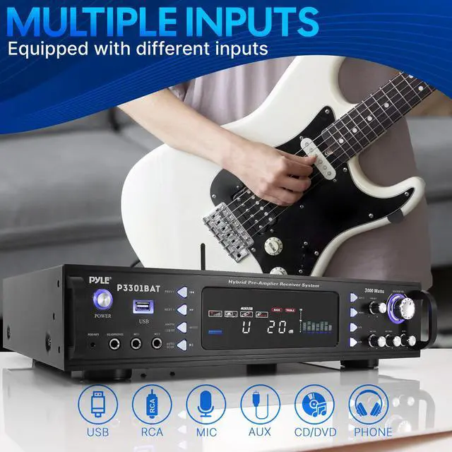 Alt view image 4 of 7 - Bluetooth Home Stereo Amplifier - Hybrid Multi-Channel 3000 Watt Power Amplifier Home Audio Receiver System w/ AM/FM Radio, MP3/USB,AUX,RCA Karaoke Mic in - Rack Mount, Remote - P3301BAT