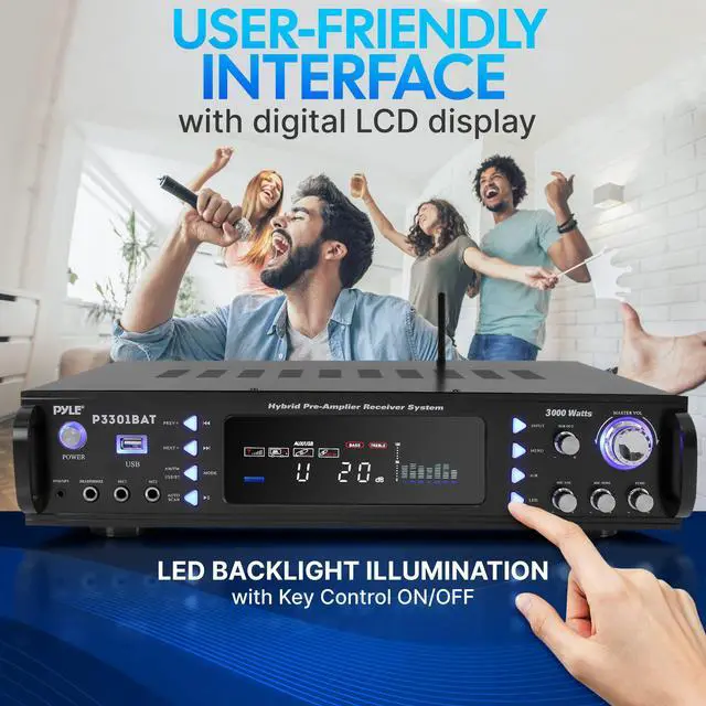 Alt view image 5 of 7 - Bluetooth Home Stereo Amplifier - Hybrid Multi-Channel 3000 Watt Power Amplifier Home Audio Receiver System w/ AM/FM Radio, MP3/USB,AUX,RCA Karaoke Mic in - Rack Mount, Remote - P3301BAT
