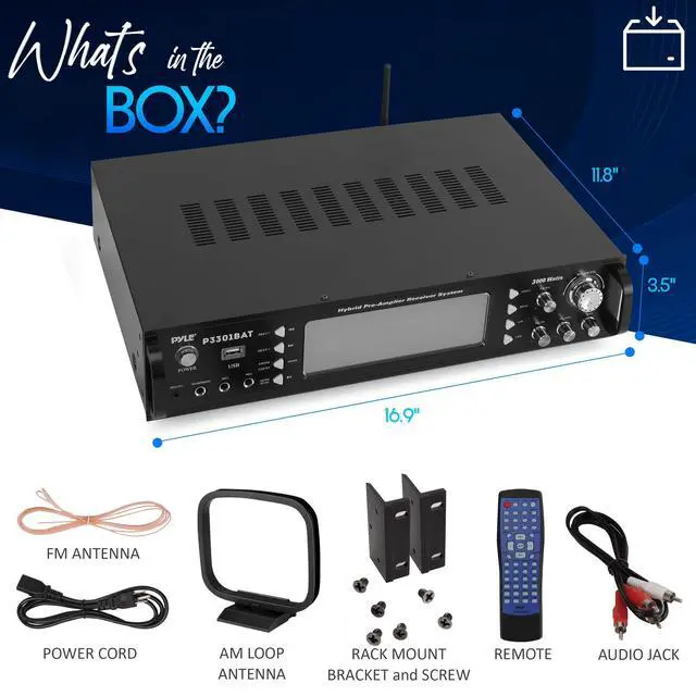 Alt view image 7 of 7 - Bluetooth Stereo Amplifier - Rack Mount, Multi-Channel 3000W Peak Power, Easy Karaoke with Dual Mics, Subwoofer Out, Pre-Amp Out, AM / FM Radio, Front Panel Aux In, USB-A Input with MP3 Player