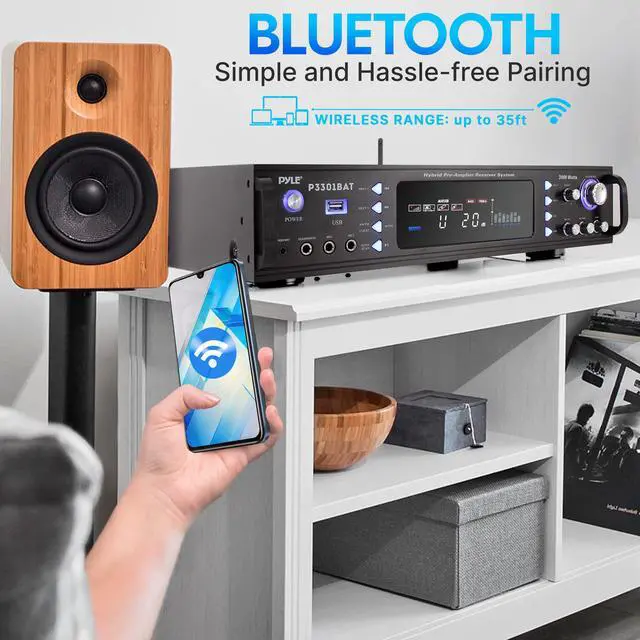 Alt view image 6 of 7 - Bluetooth Home Stereo Amplifier - Hybrid Multi-Channel 3000 Watt Power Amplifier Home Audio Receiver System w/ AM/FM Radio, MP3/USB,AUX,RCA Karaoke Mic in - Rack Mount, Remote - P3301BAT