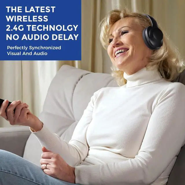 Alt view image 2 of 7 - Wireless TV Headphones with Transmitterfor Seniors,Optical,RCA,AUX,USB,BK | 2.4GHz wireless TV headphones with 22ms low delay,dual-link phone sync,individual volume control,and universal compatibility