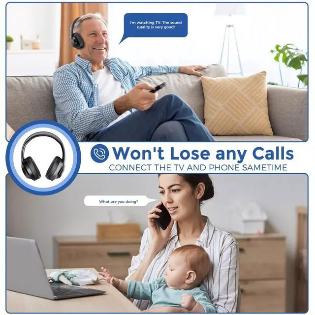 Alt view image 5 of 7 - Wireless TV Headphones with Transmitterfor Seniors,Optical,RCA,AUX,USB,BK | 2.4GHz wireless TV headphones with 22ms low delay,dual-link phone sync,individual volume control,and universal compatibility