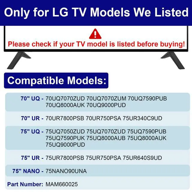 Alt view image 3 of 7 - Stand for LG TV Legs Replacement, for LG 70" 75" TV 75UQ9000PUD 70UQ7070ZUD 70UP8070 70UQ7590PUB 70UQ8000 70UQ9000 70UR7800 75UQ7070 75UQ7590 75UR7800 75NANO90UNA MAM660025 with Screws