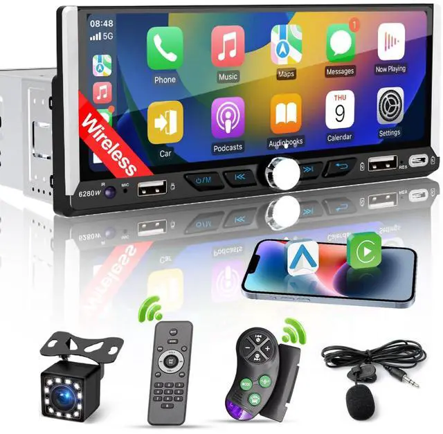 Main image of Single Din Car Radio Compatible with Wireless Apple CarPlay,6.9''Car Stereo | IPS Touchscreen,Bluetooth,FM AM Radio,GPS Navigation,Type-C/Dual USB 2.1A Fast Charge/Rear View Camera,MP5