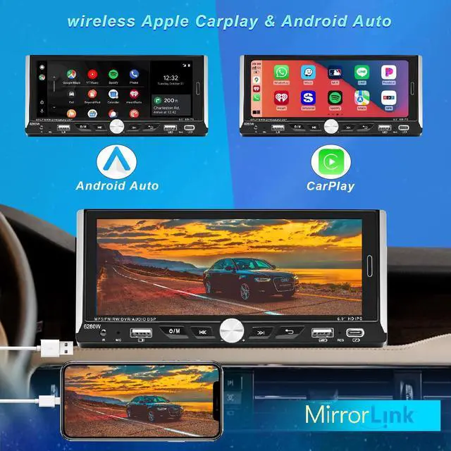 Alt view image 2 of 7 - Single Din Car Radio Compatible with Wireless Apple CarPlay,6.9''Car Stereo | IPS Touchscreen,Bluetooth,FM AM Radio,GPS Navigation,Type-C/Dual USB 2.1A Fast Charge/Rear View Camera,MP5