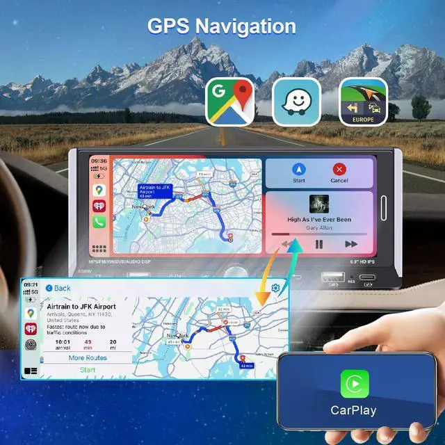 Alt view image 4 of 7 - Single Din Car Radio Compatible with Wireless Apple CarPlay,6.9''Car Stereo | IPS Touchscreen,Bluetooth,FM AM Radio,GPS Navigation,Type-C/Dual USB 2.1A Fast Charge/Rear View Camera,MP5