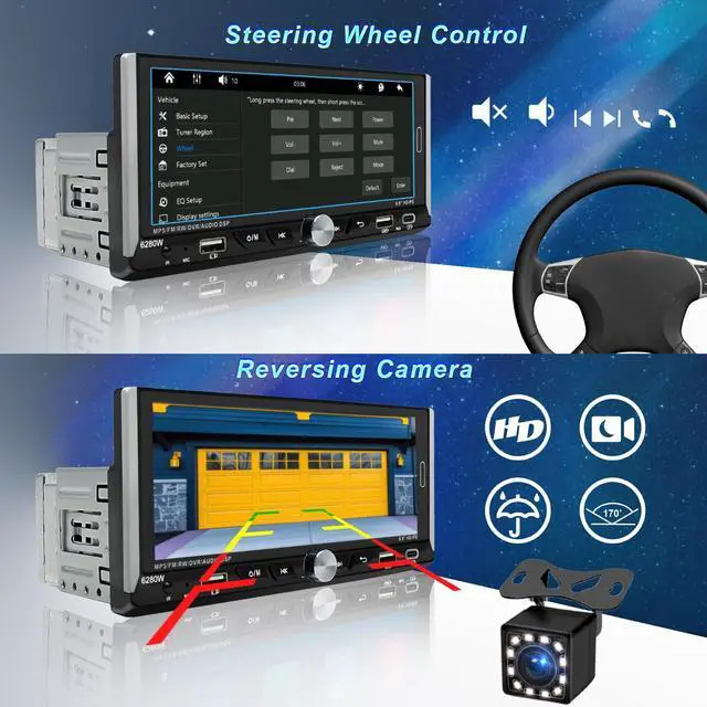 Alt view image 5 of 7 - Single Din Car Radio Compatible with Wireless Apple CarPlay,6.9''Car Stereo | IPS Touchscreen,Bluetooth,FM AM Radio,GPS Navigation,Type-C/Dual USB 2.1A Fast Charge/Rear View Camera,MP5