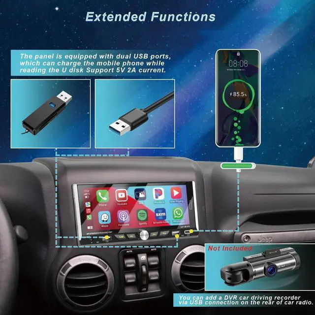 Alt view image 6 of 7 - Single Din Car Radio Compatible with Wireless Apple CarPlay,6.9''Car Stereo | IPS Touchscreen,Bluetooth,FM AM Radio,GPS Navigation,Type-C/Dual USB 2.1A Fast Charge/Rear View Camera,MP5
