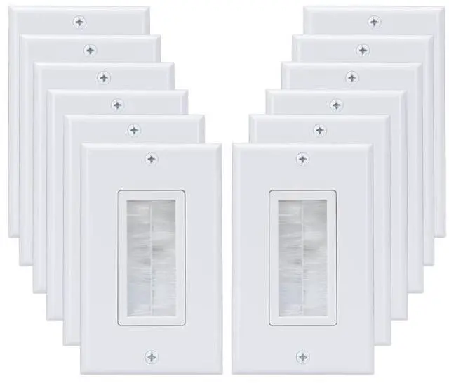 Main image of 1 Gang Brush Wall Plate Decora Style White Brush Wall for Passing Through Speaker Wires/Coaxial/HDMI/Network/Phone/Audio/Video Cables, Pack of 12, White, 24 Screws Included