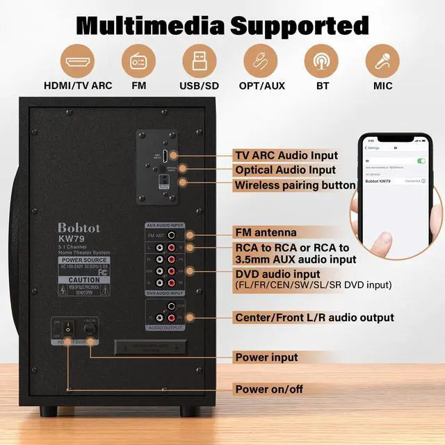 Alt view image 5 of 7 - Surround Sound Systems Wireless Rear Satellite Speakers, 1000W Peak | Deep Bass 8 inch Subwoofer 5.1/2.1 Channel Home Theater System with ARC Optical Bluetooth Karaoke Input