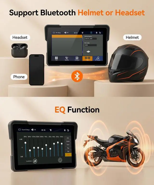 Alt view image 3 of 7 - 7" Motorcycle Wireless CarPlay GPS Navigation System, Android Auto Portable CarPlay Screen for Motorcycle, Dual Bluetooth Car Play Moto, Si-ri, Goo-gle Assistant, EQ, IP67 Waterproof Moto Screen