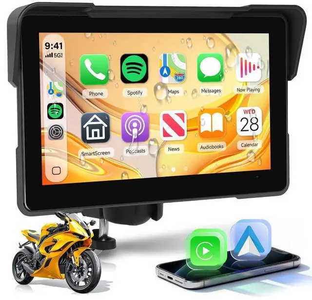 Main image of 7" Motorcycle Wireless CarPlay GPS Navigation System, Android Auto Portable CarPlay Screen for Motorcycle, Dual Bluetooth Car Play Moto, Si-ri, Goo-gle Assistant, EQ, IP67 Waterproof Moto Screen