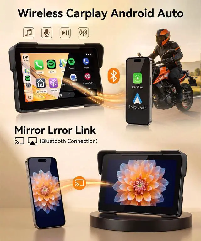 Alt view image 2 of 7 - 7" Motorcycle Wireless CarPlay GPS Navigation System, Android Auto Portable CarPlay Screen for Motorcycle, Dual Bluetooth Car Play Moto, Si-ri, Goo-gle Assistant, EQ, IP67 Waterproof Moto Screen