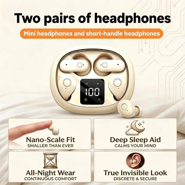 Alt view image 2 of 7 - Wireless Headse,Tiny Size Invisible Earbud,Bluetooth 5.4 HiFi Stereo Headphones with LED Digital Invisible Mini Two Bluetooth Headphones Design,for Sleep/Office/Sports (Black)