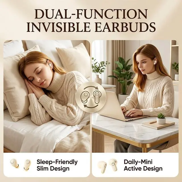 Alt view image 3 of 7 - Wireless Headse,Tiny Size Invisible Earbud,Bluetooth 5.4 HiFi Stereo Headphones with LED Digital Invisible Mini Two Bluetooth Headphones Design,for Sleep/Office/Sports (Black)