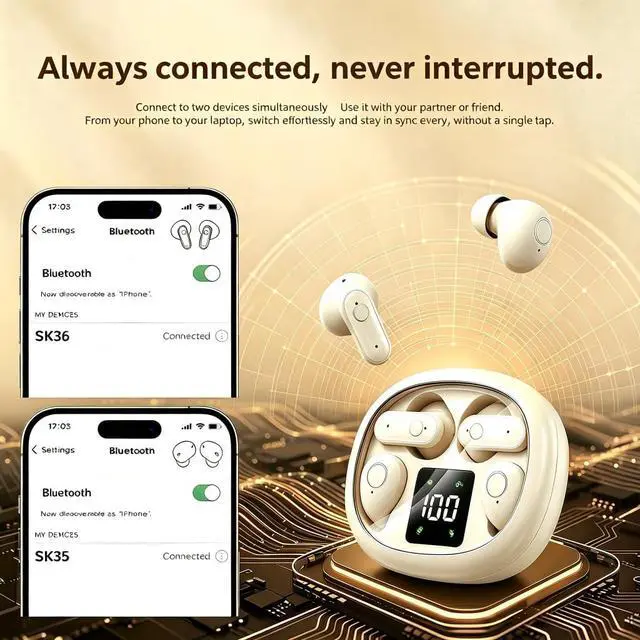 Alt view image 5 of 7 - Wireless Headse,Tiny Size Invisible Earbud,Bluetooth 5.4 HiFi Stereo Headphones with LED Digital Invisible Mini Two Bluetooth Headphones Design,for Sleep/Office/Sports (Black)