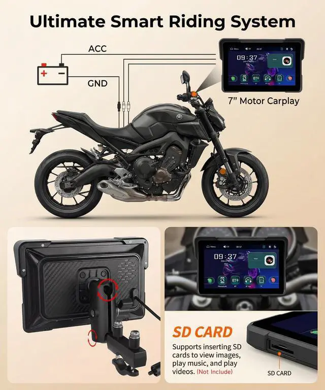 Alt view image 6 of 7 - 7" Motorcycle Wireless CarPlay GPS Navigation System, Android Auto Portable CarPlay Screen for Motorcycle, Dual Bluetooth Car Play Moto, Si-ri, Goo-gle Assistant, EQ, IP67 Waterproof Moto Screen