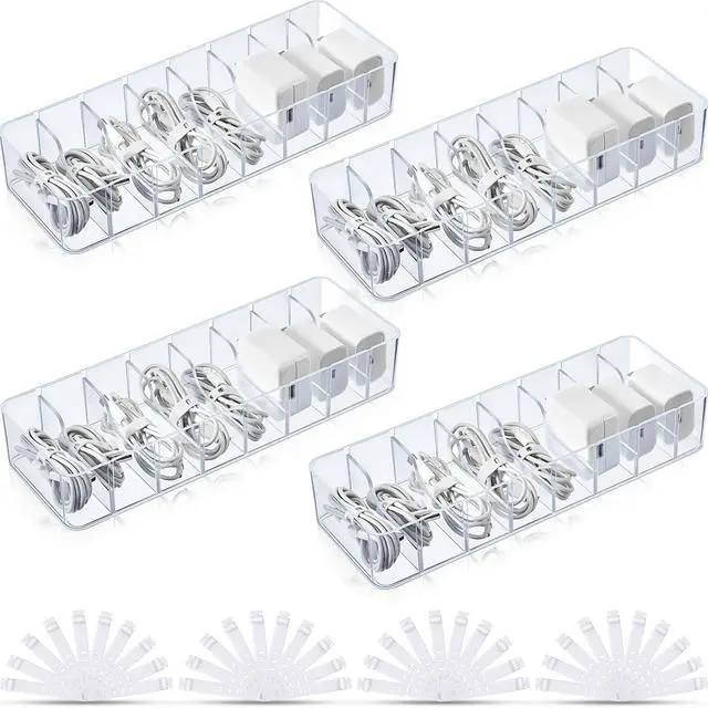Main image of 4 Pcs Cable Organizer with 40 Wire Ties, Plastic Cord Storage Charger Box Electronics Organizer with Adjustment Compartments Cable Storage for Drawer Home Office Desk Accessories (Clear)